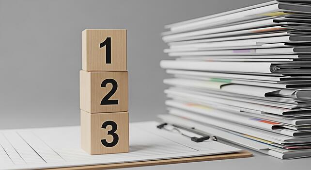 Wooden blocks displaying numbers stacked next to a large stack of paperwork on a clipboard in a bright office symbolizing prioritization organization and efficient workflow management for business suc photo
