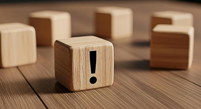 Wooden block displaying an exclamation mark on a wooden surface symbolizing importance urgency and attention to detail in a natural minimalist setting creating a sense of focus and awareness photo