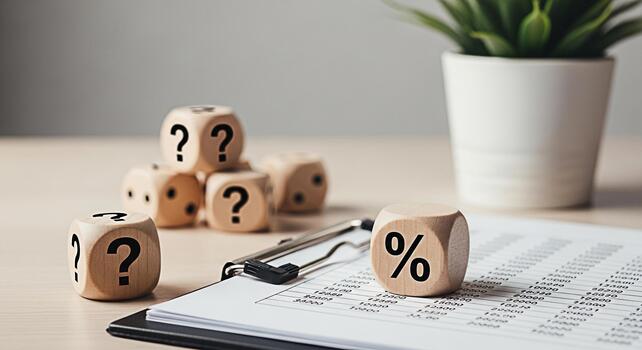 Wooden dice displaying question marks and a percentage symbol on a clipboard with financial data symbolizing uncertainty and risk in investment decisions in a bright modern office setting photo