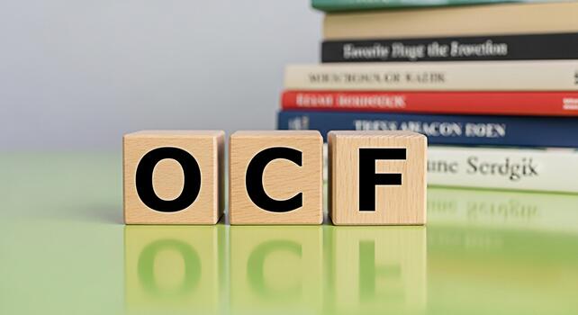 OCF acronym displayed on wooden blocks in a bright educational setting with a stack of books representing learning organization and a structured approach to knowledge and information photo