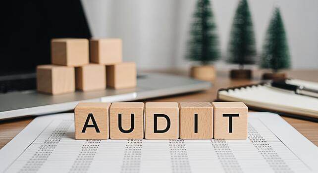Wooden blocks spelling Audit resting on financial documents in a bright office setting symbolizing financial review and accuracy with a laptop and Christmas trees in the background creating a festive photo