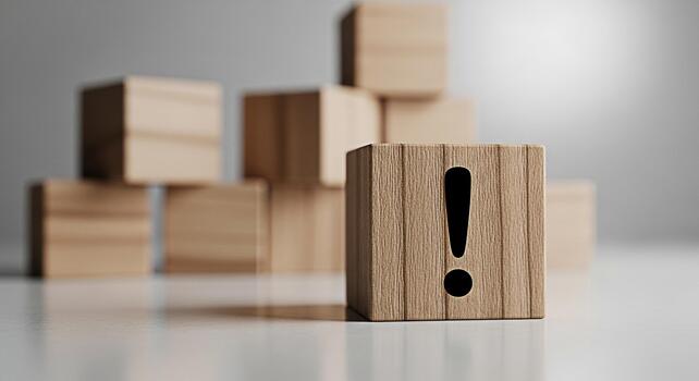Wooden block displaying an exclamation mark on a white surface with blurred blocks in the background symbolizing a warning problem or important information in a minimalist and clean setting photo