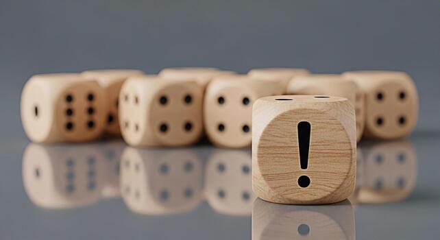 Highlighted wooden dice with an exclamation mark stands out in a group on a reflective surface symbolizing a warning important message or urgent notification in a business or educational setting photo