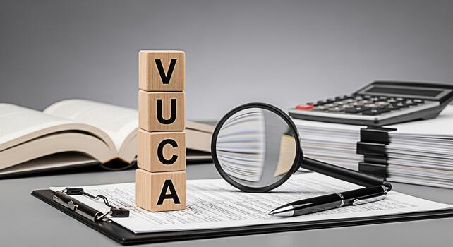 Wooden blocks spelling VUCA on a desk with paperwork magnifying glass and calculator representing volatility uncertainty complexity and ambiguity in a business environment conveying a sense of analysi photo