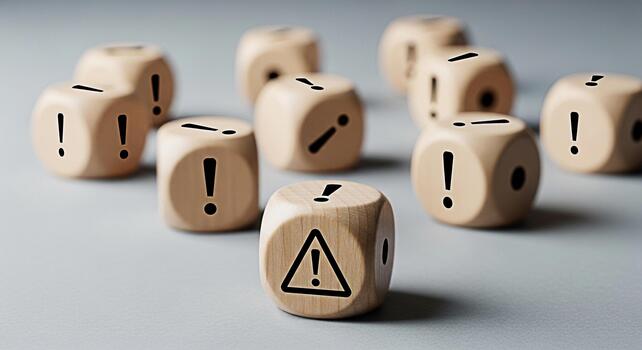 Wooden dice displaying exclamation marks and a warning sign on a neutral surface conveying a sense of risk caution and the importance of paying attention to potential hazards and critical information photo
