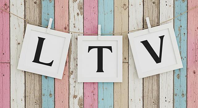 Three white frames displaying the letters L T and V hanging on a rustic colorful wooden wall representing Lifetime Value and customer relationship management in a bright and cheerful setting photo