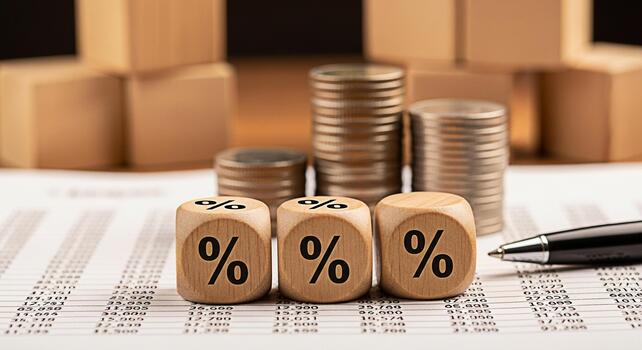 Wooden percentage dice sitting on a financial report with stacked coins and boxes in the background representing interest rates investment returns and overall financial analysis in a business setting photo