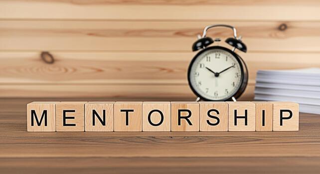 Wooden blocks spelling Mentorship on a wooden desk with a vintage alarm clock and stack of papers symbolizing guidance support and the importance of learning and development in a business setting photo