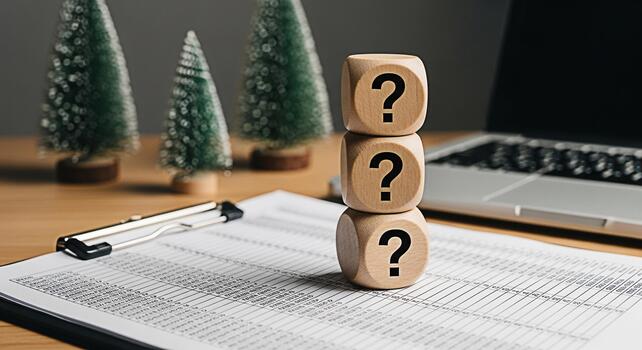 apilado de madera bloques mostrando pregunta marcas en un escritorio con un ordenador portátil y Navidad arboles simbolizando incertidumbre y resolver problemas durante el fiesta temporada en un moderno oficina ajuste foto