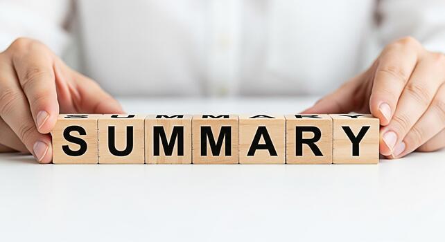 Hands arranging wooden blocks spelling SUMMARY on a white table symbolizing concise information and key takeaways in a clean minimalist setting conveying clarity and efficiency in communication photo