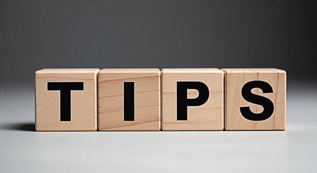 Wooden blocks spelling TIPS on a neutral surface offering guidance and advice in a simple clean presentation conveying helpful information and expert knowledge for problemsolving and decisionmaking photo