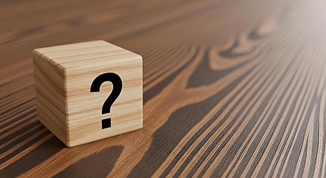 Wooden cube displaying a question mark symbol on a wooden table representing uncertainty inquiry and the search for answers in a warm and inviting setting fostering curiosity and exploration photo
