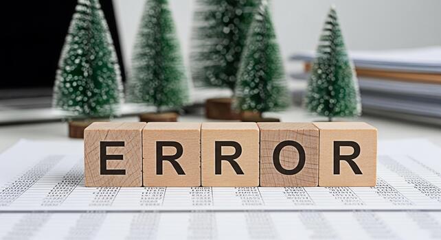 Wooden blocks spelling ERROR on a financial document with Christmas trees symbolizing mistakes in holiday budgeting and financial planning creating a mood of concern and the need for correction photo
