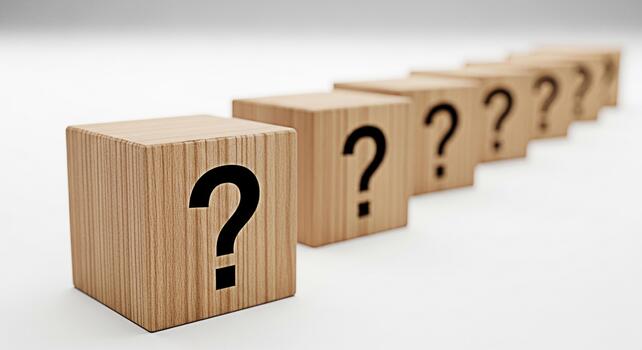 Wooden blocks displaying question marks in a row on a white surface representing uncertainty and the need for answers in a minimalist and clean environment creating a sense of curiosity and inquiry photo