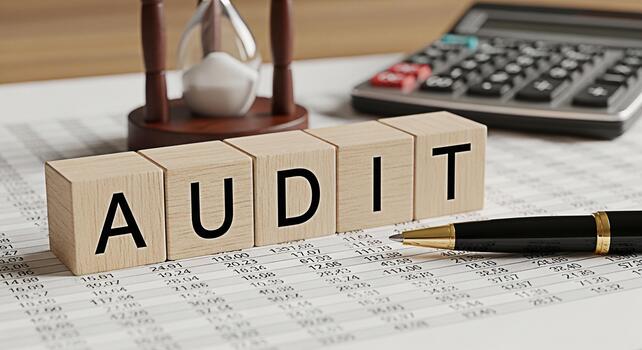 Audit concept with wooden blocks spelling AUDIT on financial statements next to a pen calculator and hourglass symbolizing financial review and time management in a business setting photo