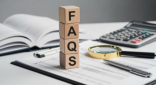 Wooden blocks spelling FAQs on a desk with financial documents calculator and pen representing information access and problemsolving in a business and educational environment emphasizing clarity and s photo