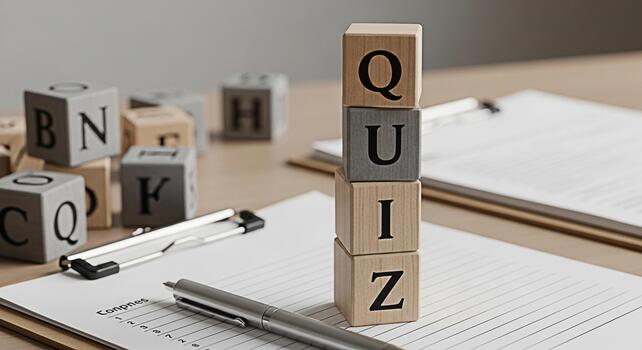 Wooden blocks spelling QUIZ stacked on a desk next to a pen and clipboard representing a test or assessment in an educational or business setting conveying a sense of challenge and learning photo