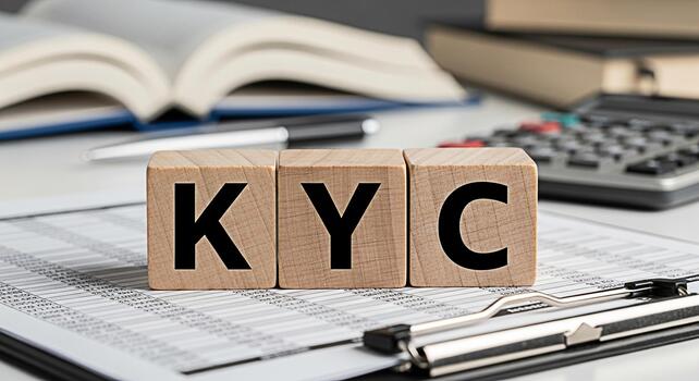 Wooden blocks displaying KYC on a financial document in a bright office setting emphasizing compliance and regulatory requirements for Know Your Customer procedures in banking and finance industries photo