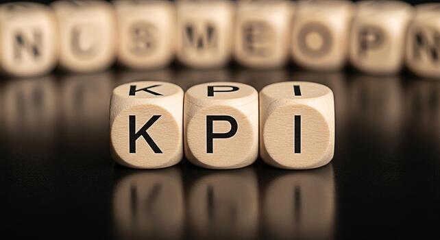 Wooden dice spelling out KPI on a reflective black surface representing key performance indicators in a business setting highlighting the concept of measurement and strategic goals for success photo