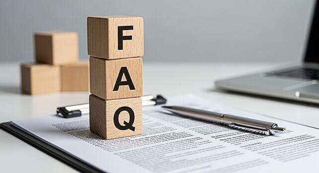 Wooden blocks spelling FAQ resting on a document with a pen and laptop in a bright office representing frequently asked questions and customer support for online business photo
