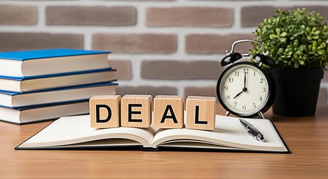 Wooden blocks spelling DEAL resting on an open notebook in a bright organized office setting symbolizing agreement negotiation and successful business outcomes with a focus on time management and plan photo