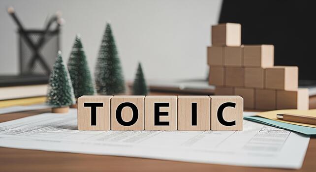 TOEIC wooden blocks on a desk with Christmas trees stacked blocks and paperwork representing exam preparation and a festive learning environment for English language proficiency photo