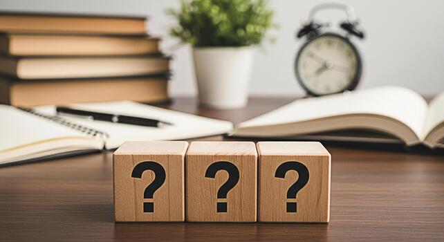 Three wooden blocks displaying question marks on a wooden desk with books and an alarm clock evoking a sense of uncertainty and the need for answers in an academic or professional setting photo