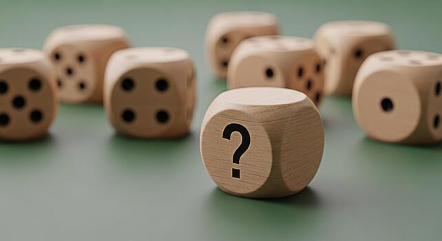 Wooden dice displaying a question mark on a green surface representing uncertainty and decisionmaking in a game of chance creating a mood of anticipation and strategic thinking photo