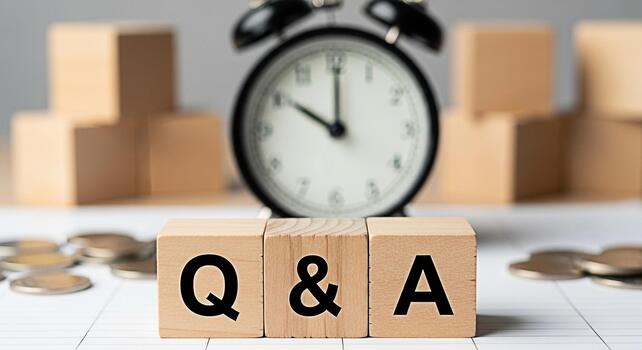 Wooden blocks displaying Q A on a table with an alarm clock and coins symbolizing knowledge learning and the importance of timely answers in a business or educational setting creating a sense of urgen photo