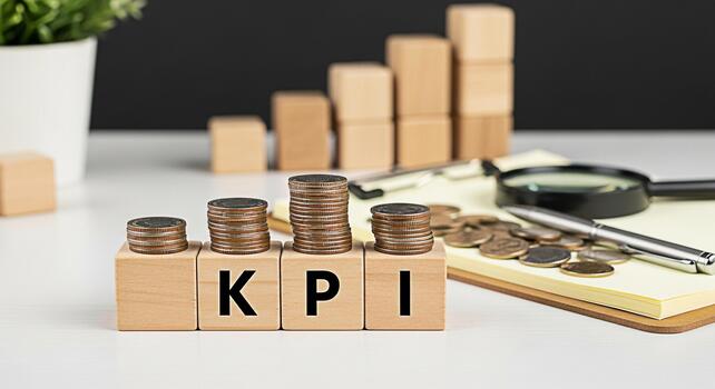 Stacks of coins representing KPI on wooden blocks in a bright office setting symbolizing business growth and financial success with a magnifying glass and notepad for strategic planning and analysis photo