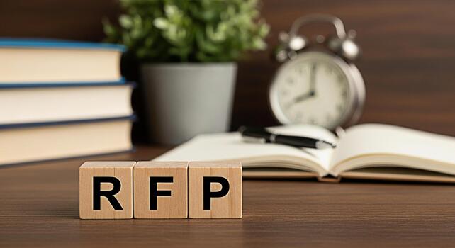 Wooden blocks spelling RFP resting on a desk with an open notebook pen alarm clock books and a plant conveying a sense of business proposals and deadlines in a professional setting photo