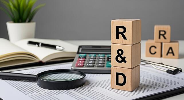 Wooden blocks displaying RD and RCA concepts on a desk with a magnifying glass and calculator symbolizing research and development root cause analysis and strategic problemsolving in a professional en photo