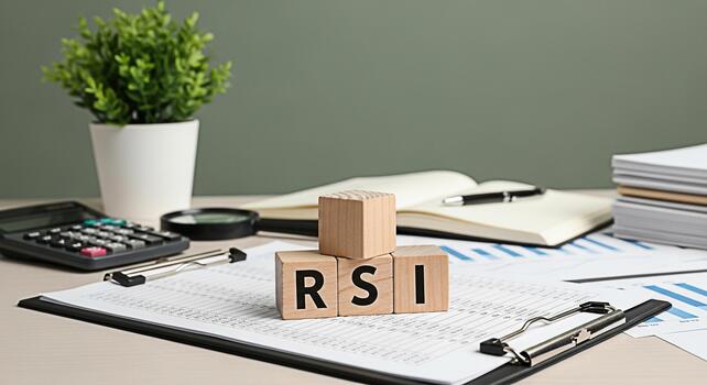 Wooden blocks displaying RSI on a financial report in a bright office setting representing Relative Strength Index analysis and investment strategy for stock market success and informed decisionmaking photo