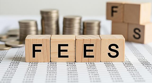 Wooden blocks spelling FEES on a financial statement with stacks of coins in the background representing costs expenses and financial obligations in a business setting with a serious mood photo