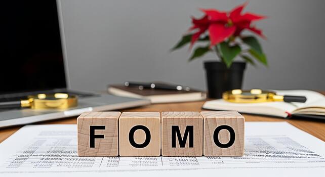 Wooden blocks spelling FOMO on a desk with laptop notebook and poinsettia representing the fear of missing out in modern work environments creating a sense of urgency and anxiety photo