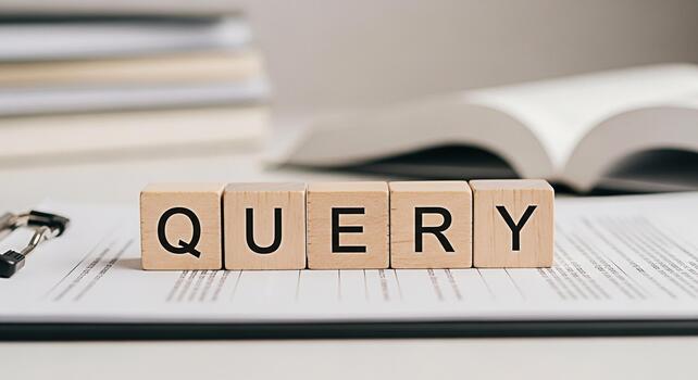 Wooden blocks spelling QUERY resting on a document on a clipboard in a bright office setting symbolizing research investigation and the pursuit of knowledge with a focus on information retrieval photo