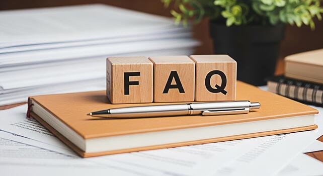 Wooden blocks displaying FAQ resting on a notebook in a bright office setting symbolizing information access and customer support creating a sense of clarity and helpfulness for online resources photo