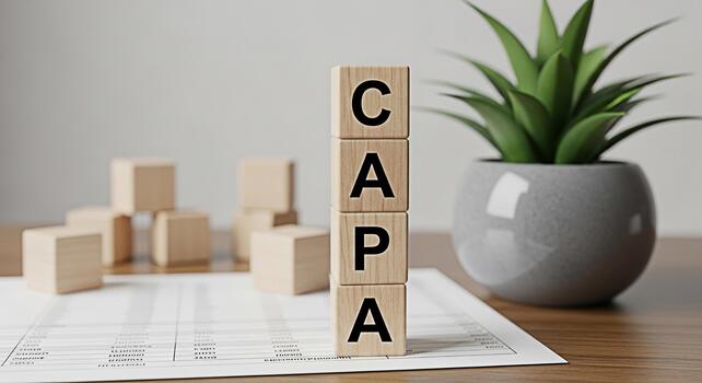 CAPA wooden blocks stacked on a desk in a bright office environment symbolizing corrective and preventive actions for quality control and continuous improvement in business and manufacturing processes photo