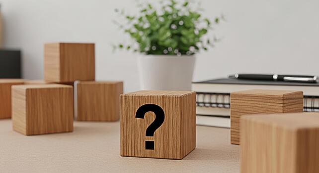 Wooden block displaying a question mark symbol on a desk with a plant and notebook representing uncertainty and the search for answers in a modern and minimalist workspace environment photo