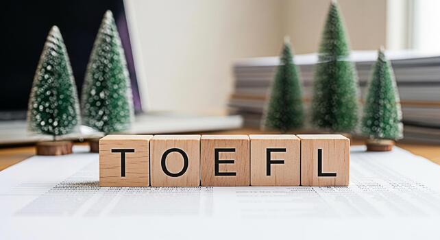 Wooden blocks spelling TOEFL on a desk with miniature Christmas trees symbolizing preparation and success in the English language proficiency test creating a festive and focused learning environment photo