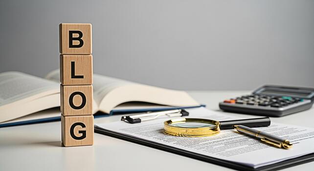 Wooden blocks spelling BLOG on a bright desk with an open book magnifying glass pen calculator and document representing blogging writing and content creation in a professional setting photo