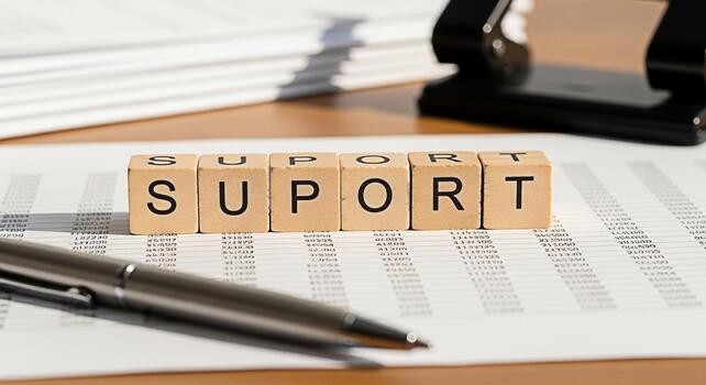 Wooden blocks spelling SUPPORT on a financial report in a bright office symbolizing assistance and guidance in business fostering a sense of reliability and confidence in achieving financial goals photo