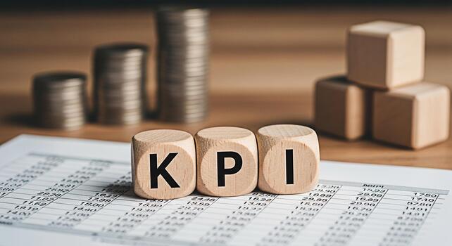 KPI wooden blocks displayed on a financial report with stacks of coins and blank wooden cubes in the background representing business performance and strategic planning in a corporate setting photo