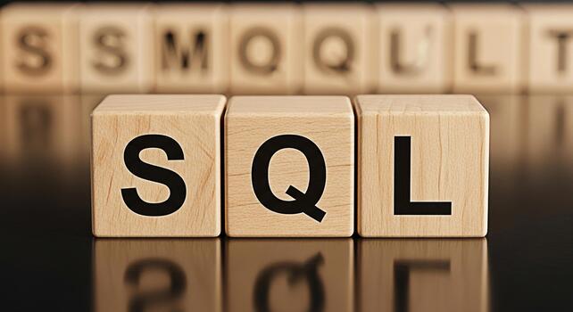 Wooden blocks spelling SQL on a reflective surface representing database management and data querying in a clean minimalist setting symbolizing structured data and relational databases photo
