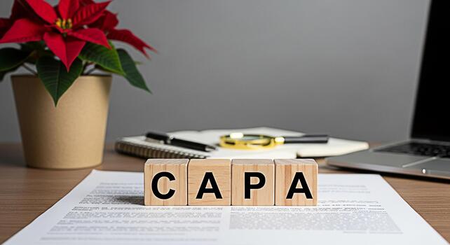 Wooden blocks spelling CAPA on a desk with a laptop notebook and poinsettia representing corrective and preventive action in a business setting emphasizing quality control and continuous improvement photo