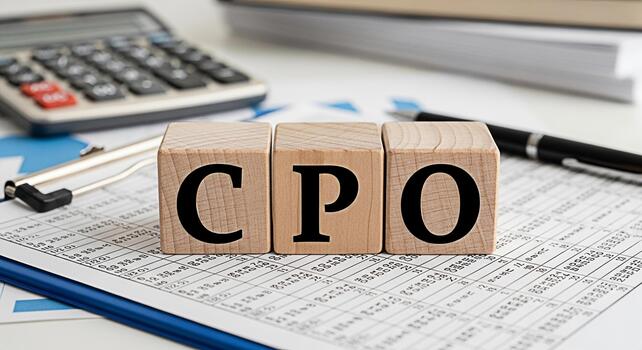Wooden blocks spelling CPO resting on a financial report in a bright office symbolizing cost per order analysis and optimization for business growth and improved marketing performance photo