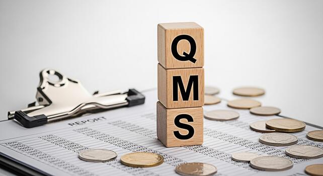 Wooden blocks displaying QMS on a financial report with coins symbolizing quality management systems in a business environment for improved efficiency and financial success photo