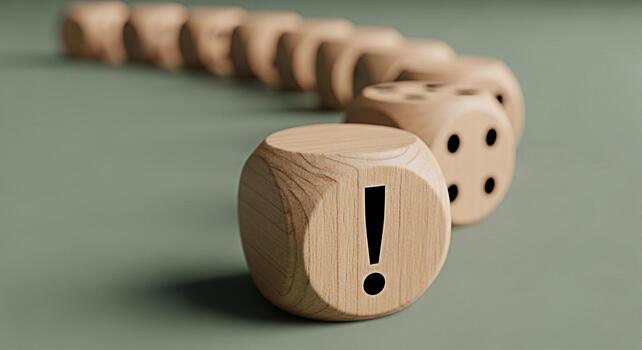 Wooden dice displaying an exclamation mark in a row on a green surface symbolizing urgent attention and highlighting a critical issue with a sense of importance and warning photo