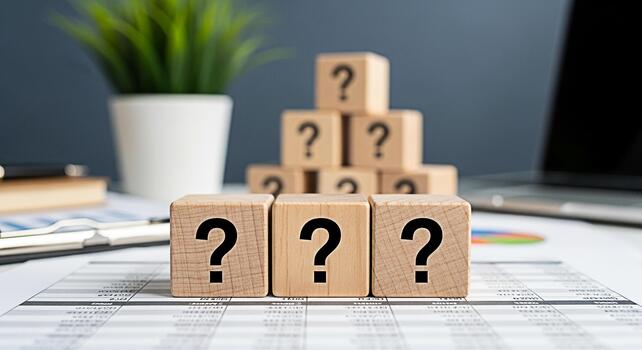 Wooden question mark blocks stacked on a financial report in a modern office representing uncertainty problemsolving and the need for strategic planning in business decisionmaking photo