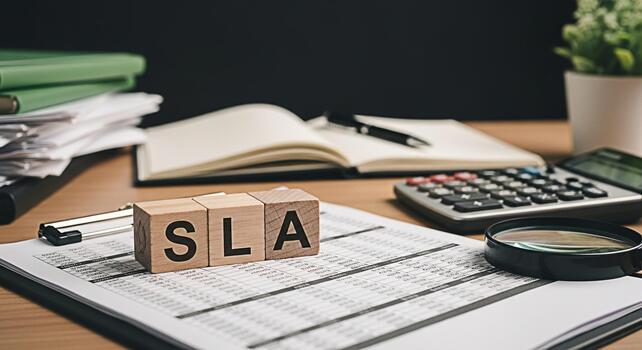Wooden blocks spelling SLA resting on a financial report in a business office representing service level agreement with a calculator magnifier and notebook conveying a sense of precision and complianc photo